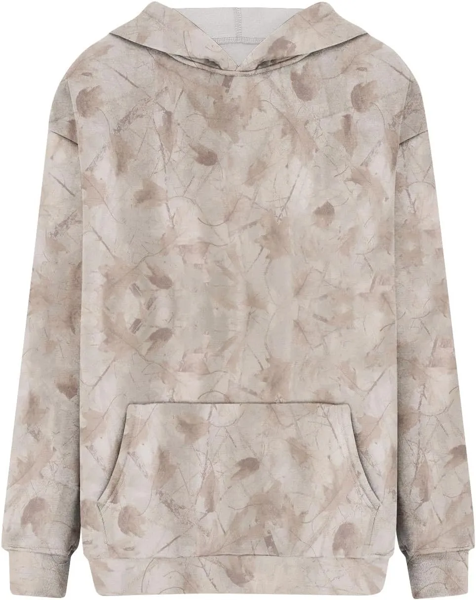 Camo Hoodie Women Casual Loose Fit Sweatshirts Maple Leaf Print Oversized Pullover with Pocket Fall Clothes
