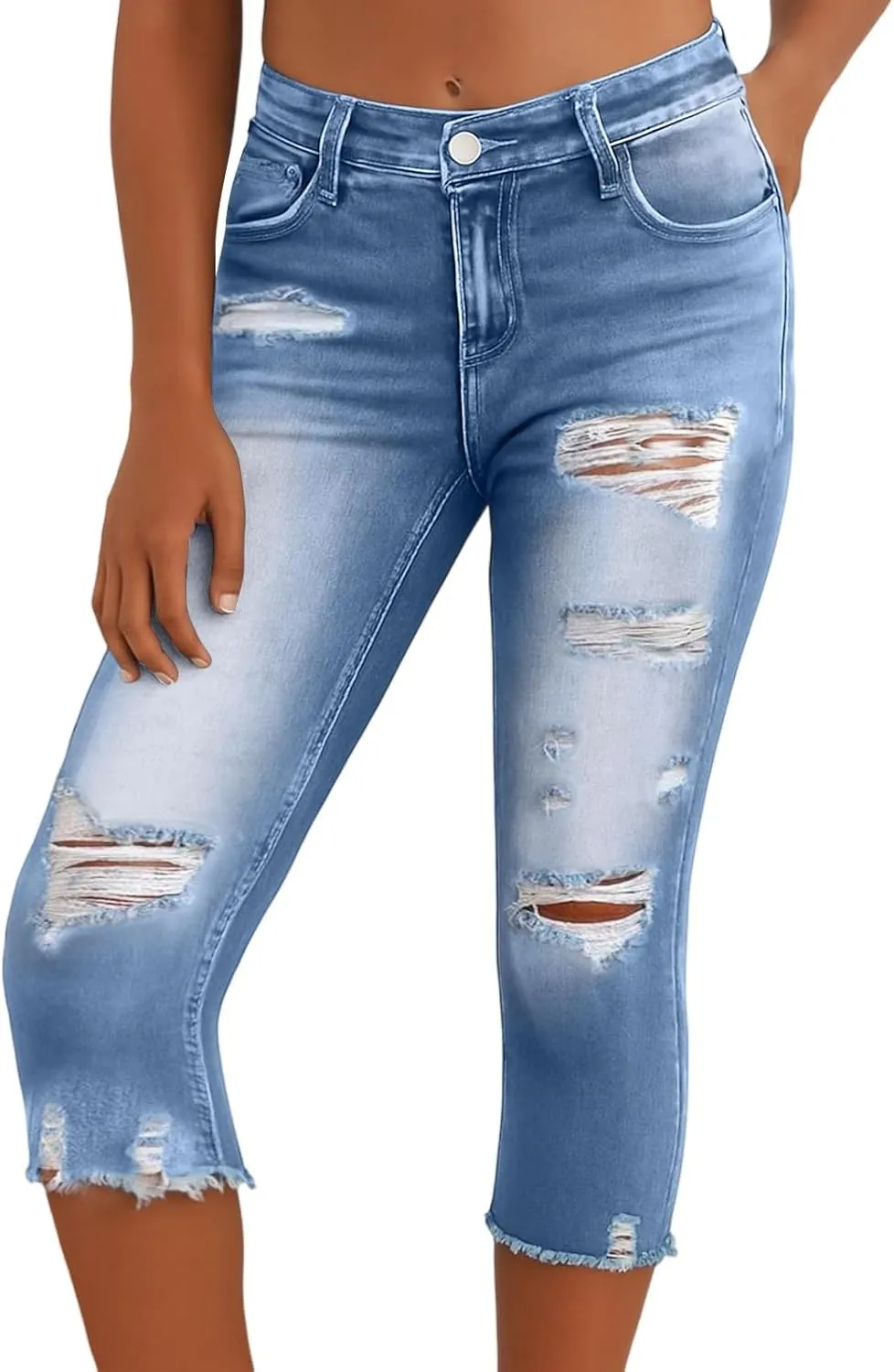 Capri Jeans for Women High Waisted Raw Hem Summer Ripped Skinny Stretch Denim Distressed Capri Jeggings with Pockets