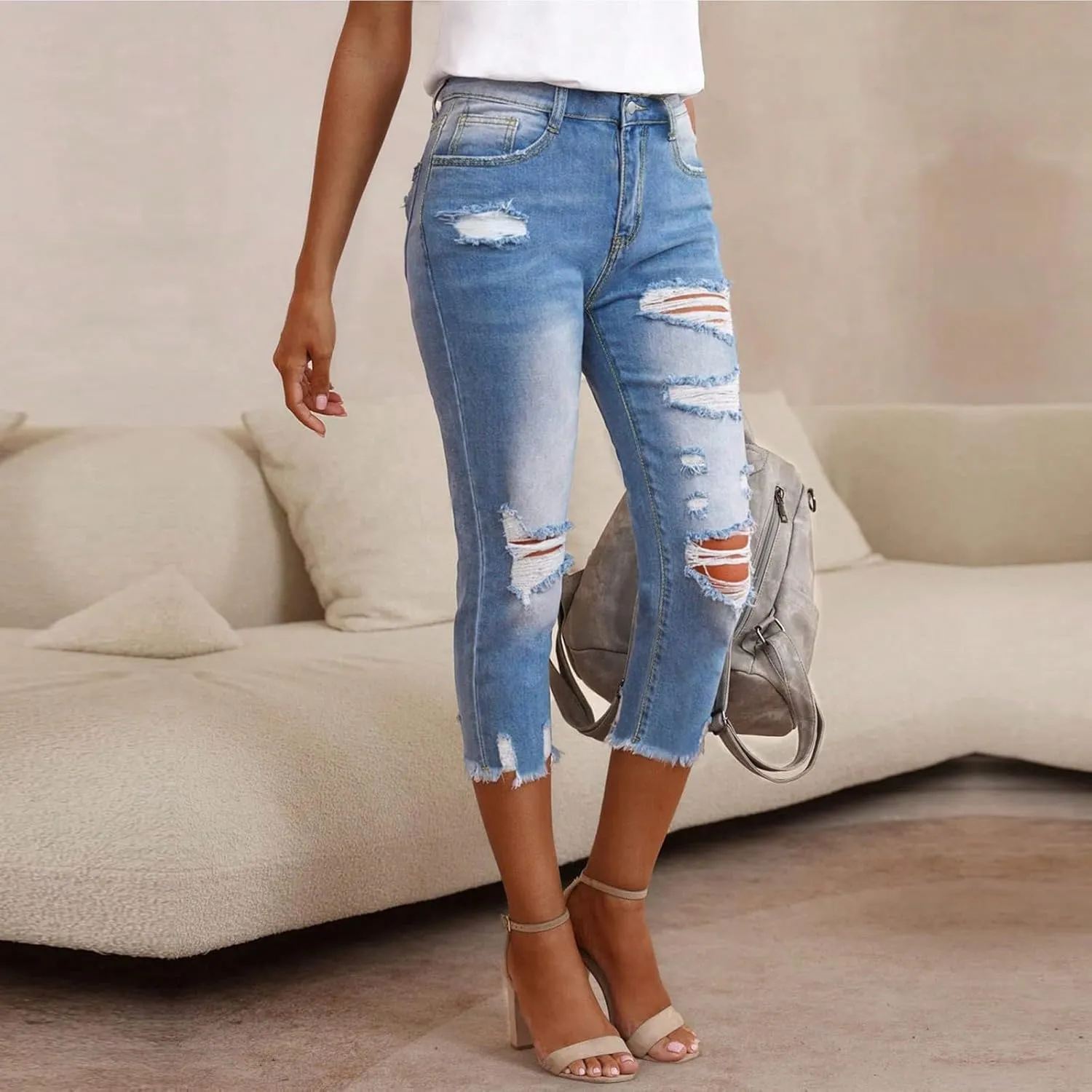 Capri Jeans for Women High Waisted Raw Hem Summer Ripped Skinny Stretch Denim Distressed Capri Jeggings with Pockets