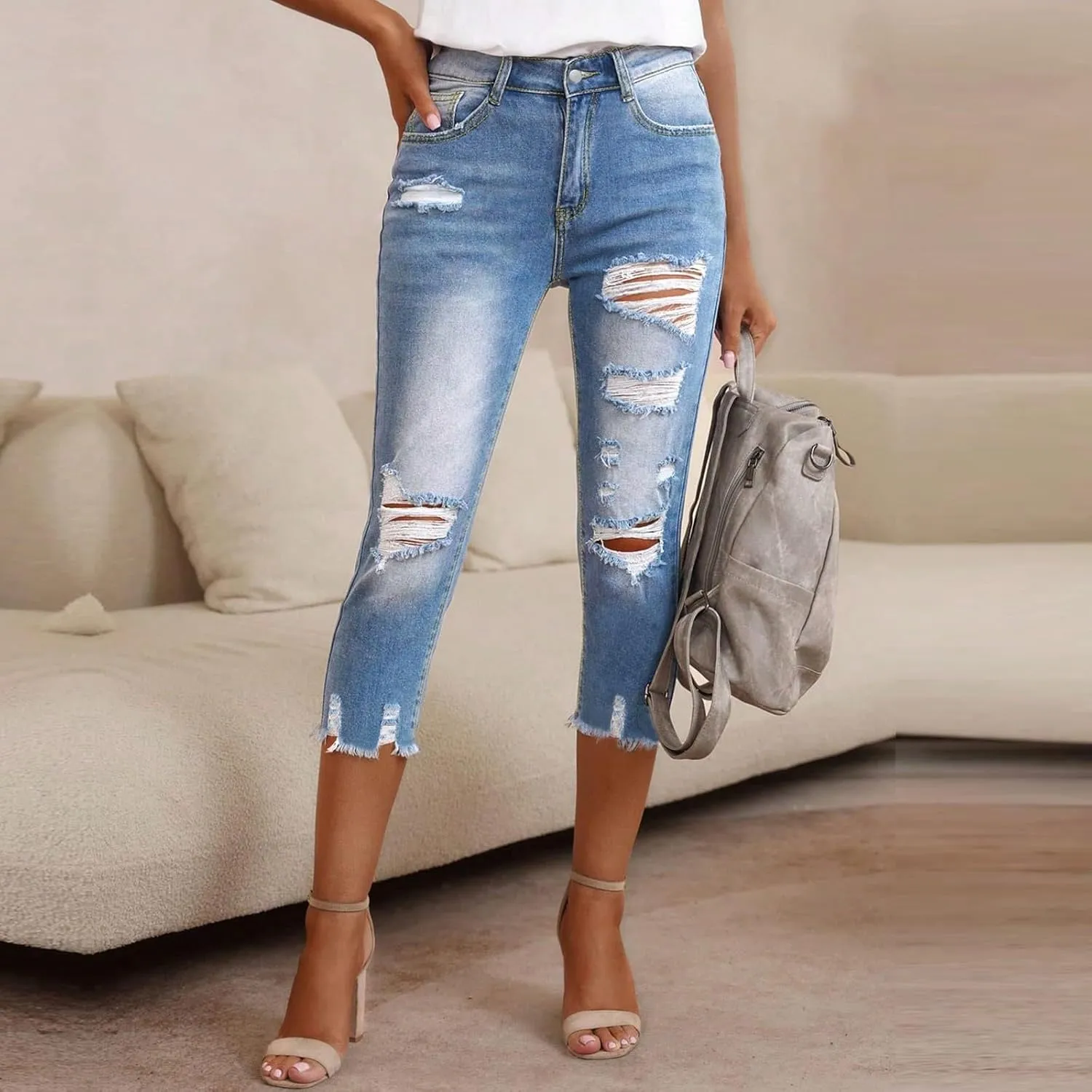 Capri Jeans for Women High Waisted Raw Hem Summer Ripped Skinny Stretch Denim Distressed Capri Jeggings with Pockets