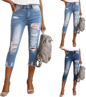 Capri Jeans for Women High Waisted Raw Hem Summer Ripped Skinny Stretch Denim Distressed Capri Jeggings with Pockets
