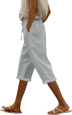 Capri Pants for Women,Striped Pant Linen Capris for Women Summer Wide Leg Loose Drawstring Elastic Waist Trouser