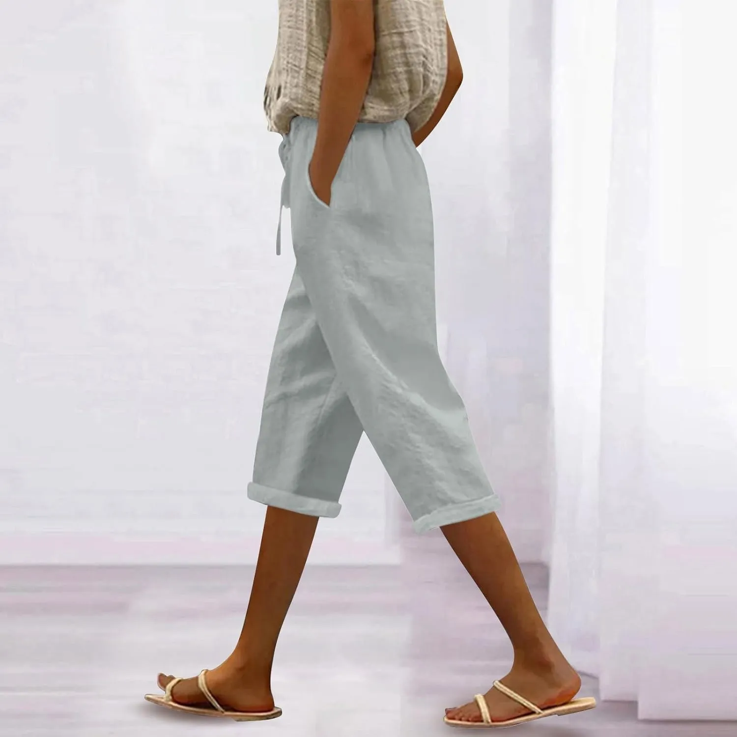 Capri Pants for Women,Striped Pant Linen Capris for Women Summer Wide Leg Loose Drawstring Elastic Waist Trouser