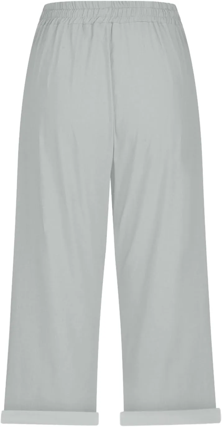 Capri Pants for Women,Striped Pant Linen Capris for Women Summer Wide Leg Loose Drawstring Elastic Waist Trouser