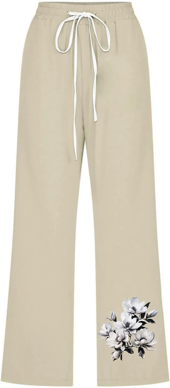 Capris Pants for Women Floral Print Comfy Drawstring Linen Pants High Waist Straight Leg Trousers with Pockets
