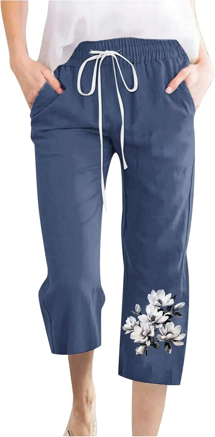 Capris Pants for Women Floral Print Comfy Drawstring Linen Pants High Waist Straight Leg Trousers with Pockets