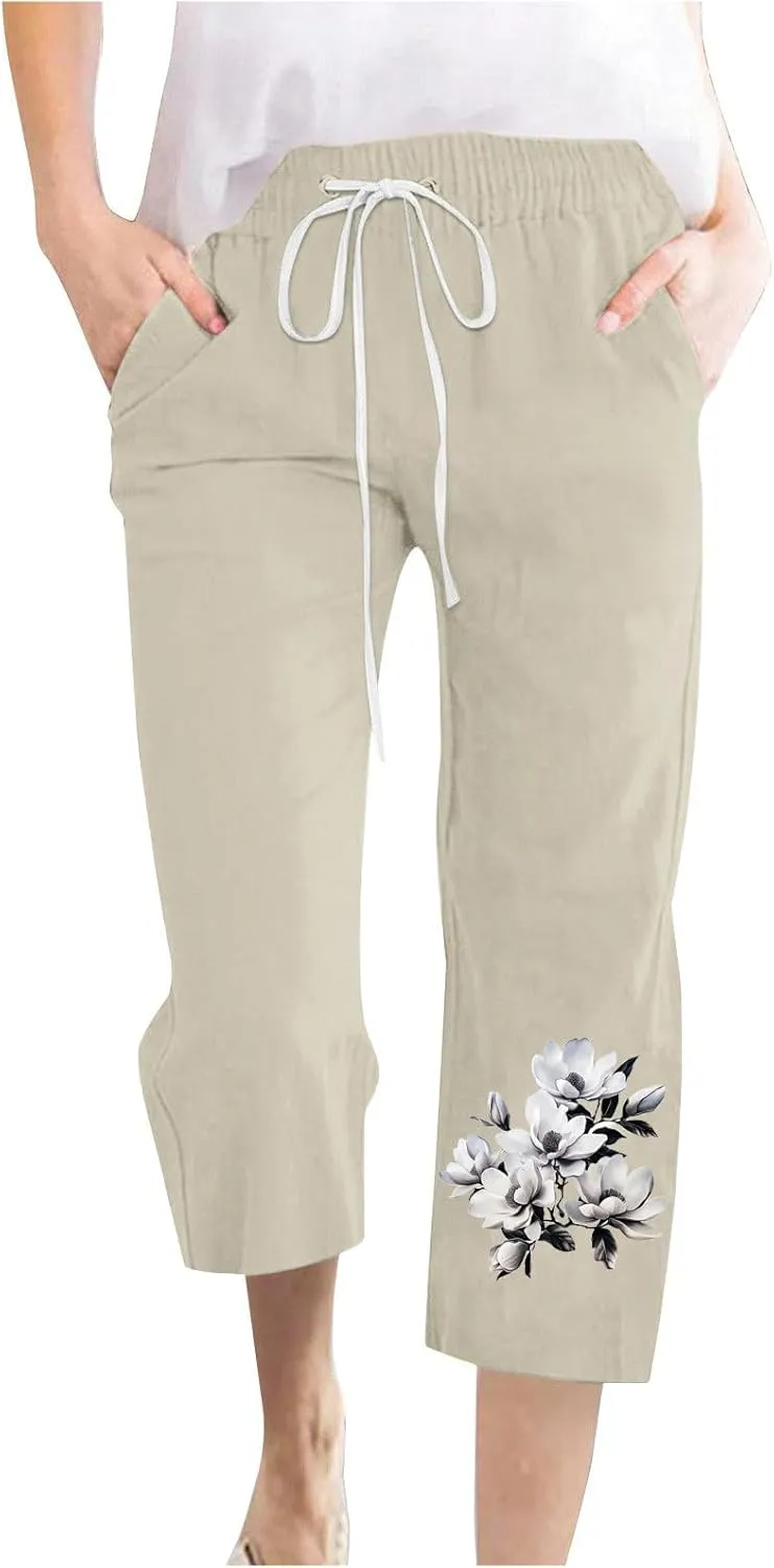 Capris Pants for Women Floral Print Comfy Drawstring Linen Pants High Waist Straight Leg Trousers with Pockets