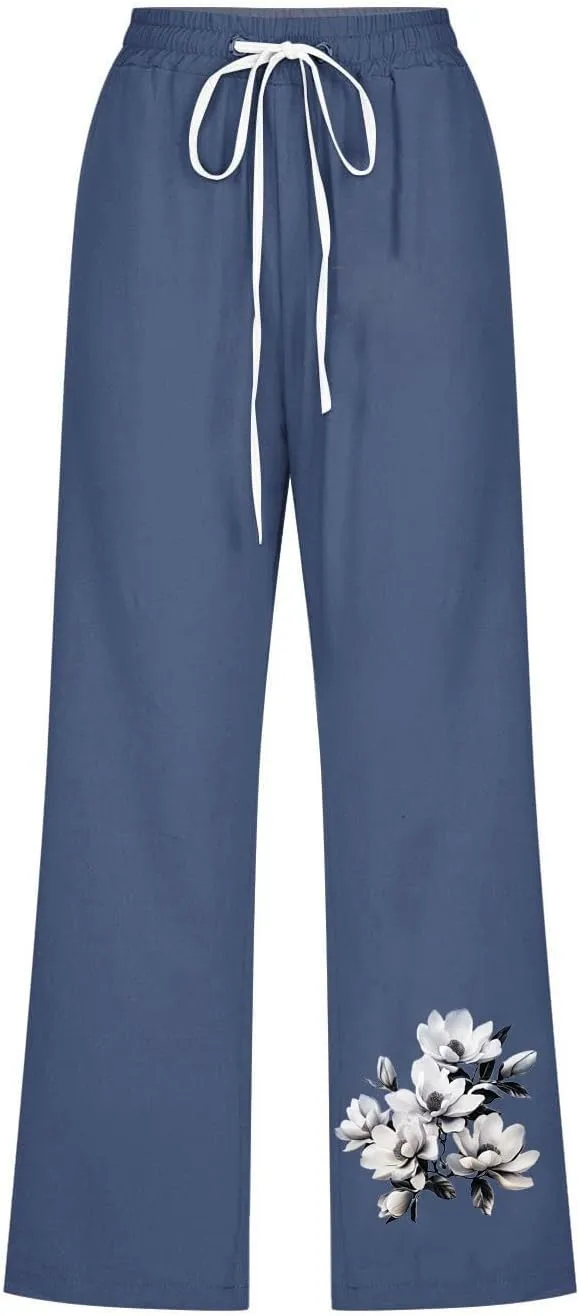 Capris Pants for Women Floral Print Comfy Drawstring Linen Pants High Waist Straight Leg Trousers with Pockets