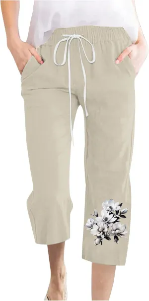 Capris Pants for Women Floral Print Comfy Drawstring Linen Pants High Waist Straight Leg Trousers with Pockets