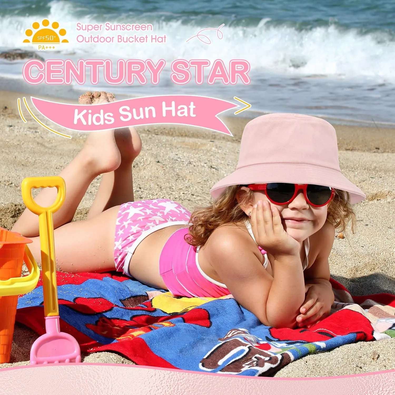 Century Star Kids Bucket Hat UPF50  Summer Sun Protection Beach Cap Cotton Kids Sun Hat for Boys Outdoor Girls Beach Hat