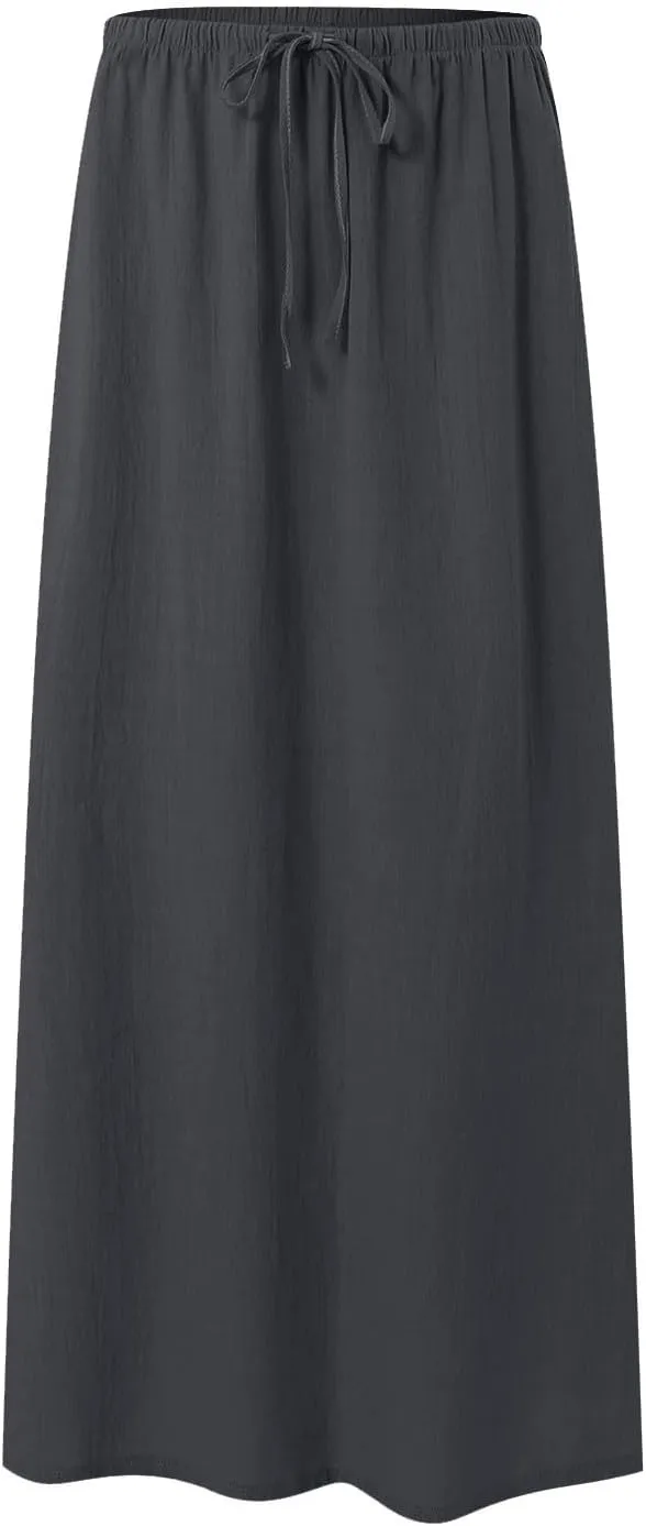 cooki Womens Linen Flared Maxi Skirts Summer Casual Vacation Low Waist Drawstring Long Flowy Ankle-Length Boho Skirt