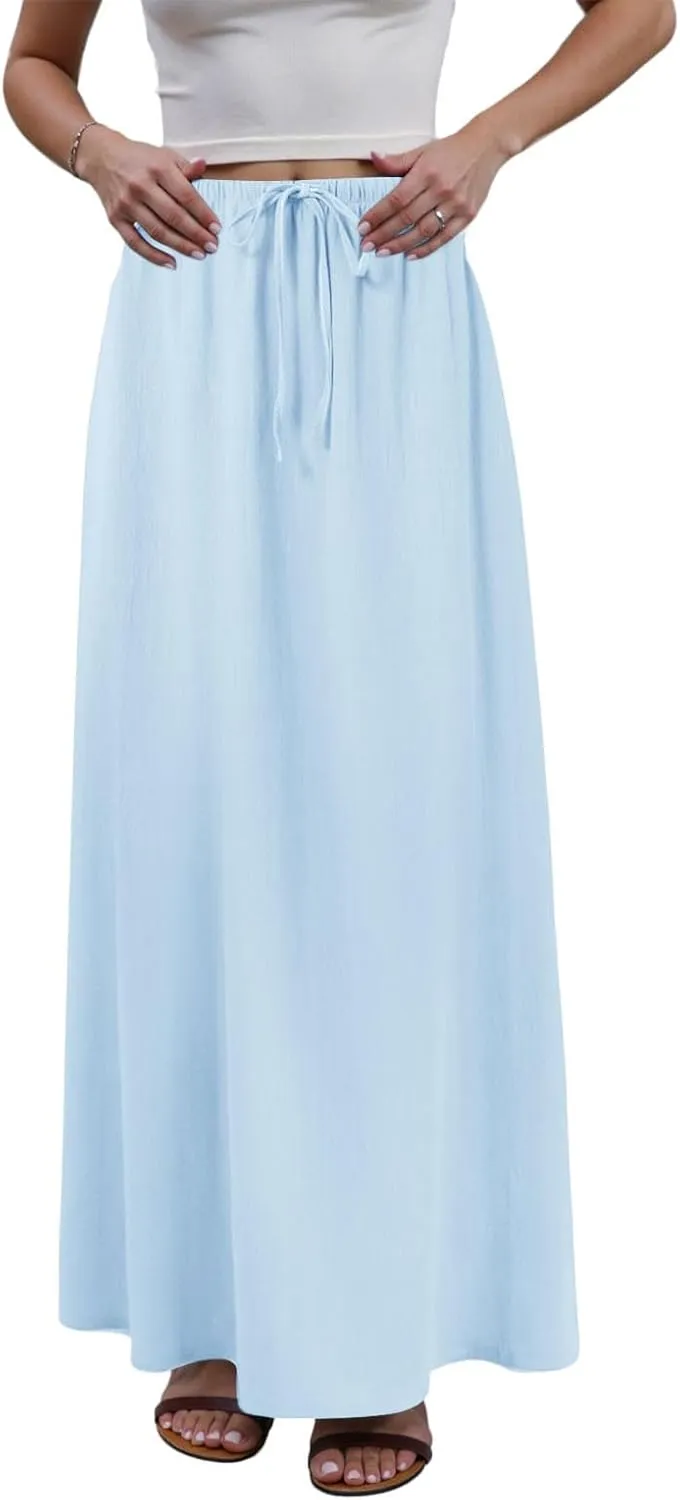cooki Womens Linen Flared Maxi Skirts Summer Casual Vacation Low Waist Drawstring Long Flowy Ankle-Length Boho Skirt