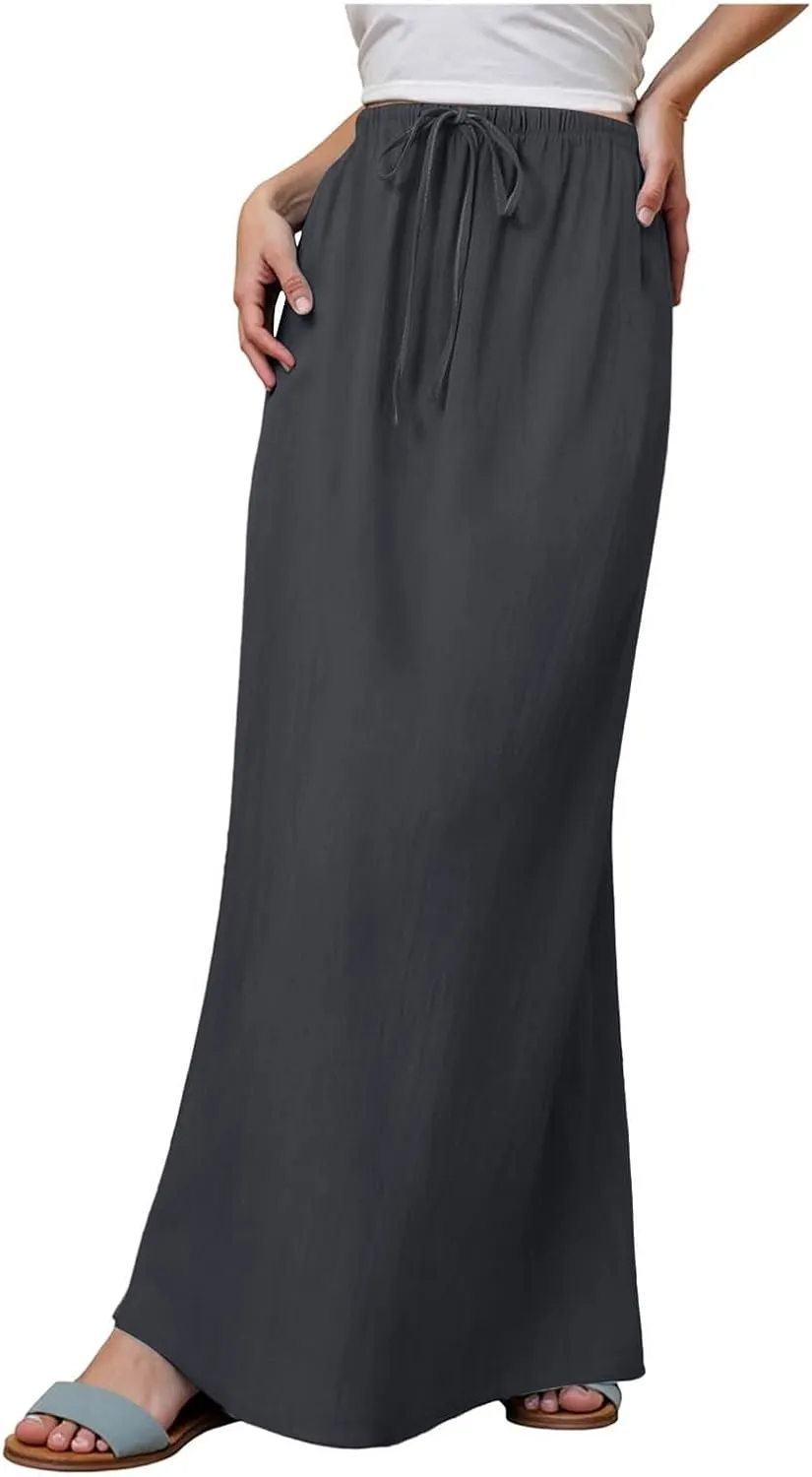 cooki Womens Linen Flared Maxi Skirts Summer Casual Vacation Low Waist Drawstring Long Flowy Ankle-Length Boho Skirt