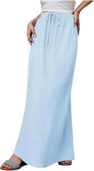 cooki Womens Linen Flared Maxi Skirts Summer Casual Vacation Low Waist Drawstring Long Flowy Ankle-Length Boho Skirt
