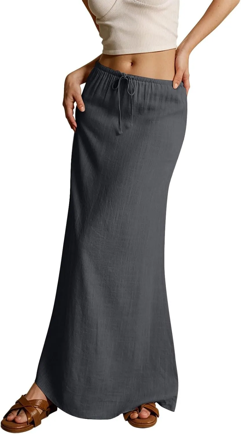 cooki Womens Linen Flared Maxi Skirts Summer Casual Vacation Low Waist Drawstring Long Flowy Ankle-Length Boho Skirt