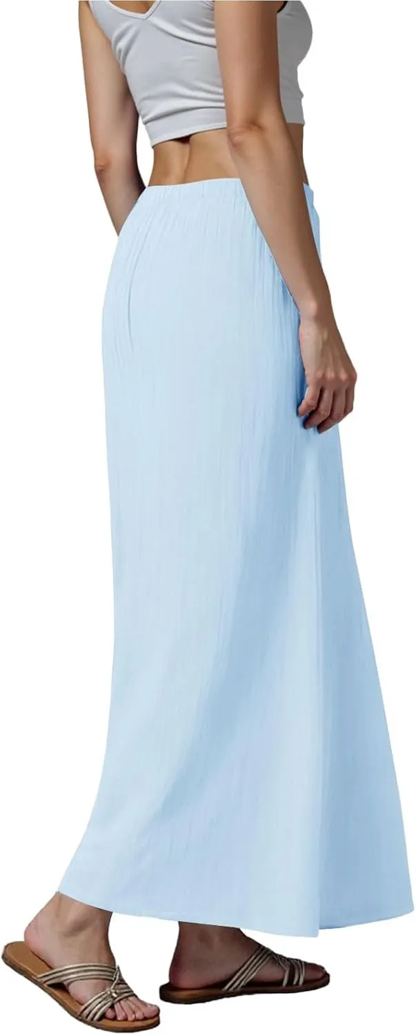 cooki Womens Linen Flared Maxi Skirts Summer Casual Vacation Low Waist Drawstring Long Flowy Ankle-Length Boho Skirt