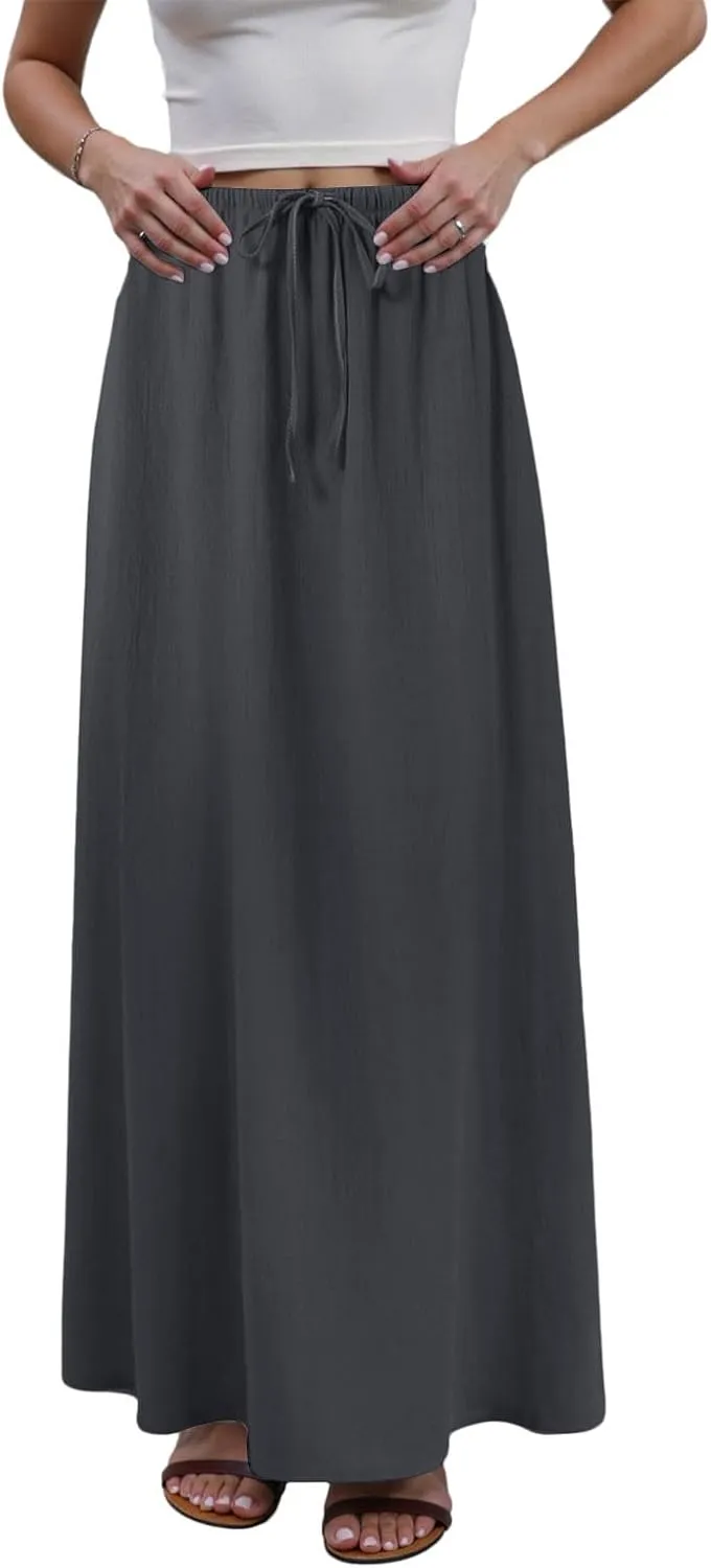 cooki Womens Linen Flared Maxi Skirts Summer Casual Vacation Low Waist Drawstring Long Flowy Ankle-Length Boho Skirt