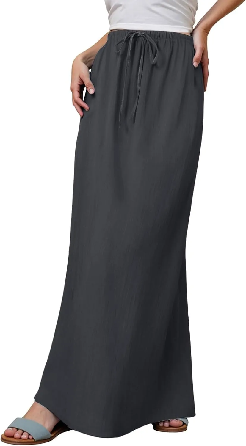 cooki Womens Linen Flared Maxi Skirts Summer Casual Vacation Low Waist Drawstring Long Flowy Ankle-Length Boho Skirt