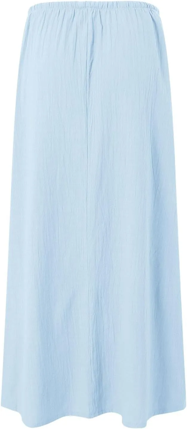 cooki Womens Linen Flared Maxi Skirts Summer Casual Vacation Low Waist Drawstring Long Flowy Ankle-Length Boho Skirt