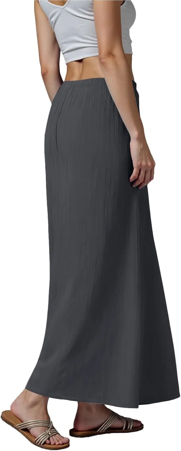 cooki Womens Linen Flared Maxi Skirts Summer Casual Vacation Low Waist Drawstring Long Flowy Ankle-Length Boho Skirt