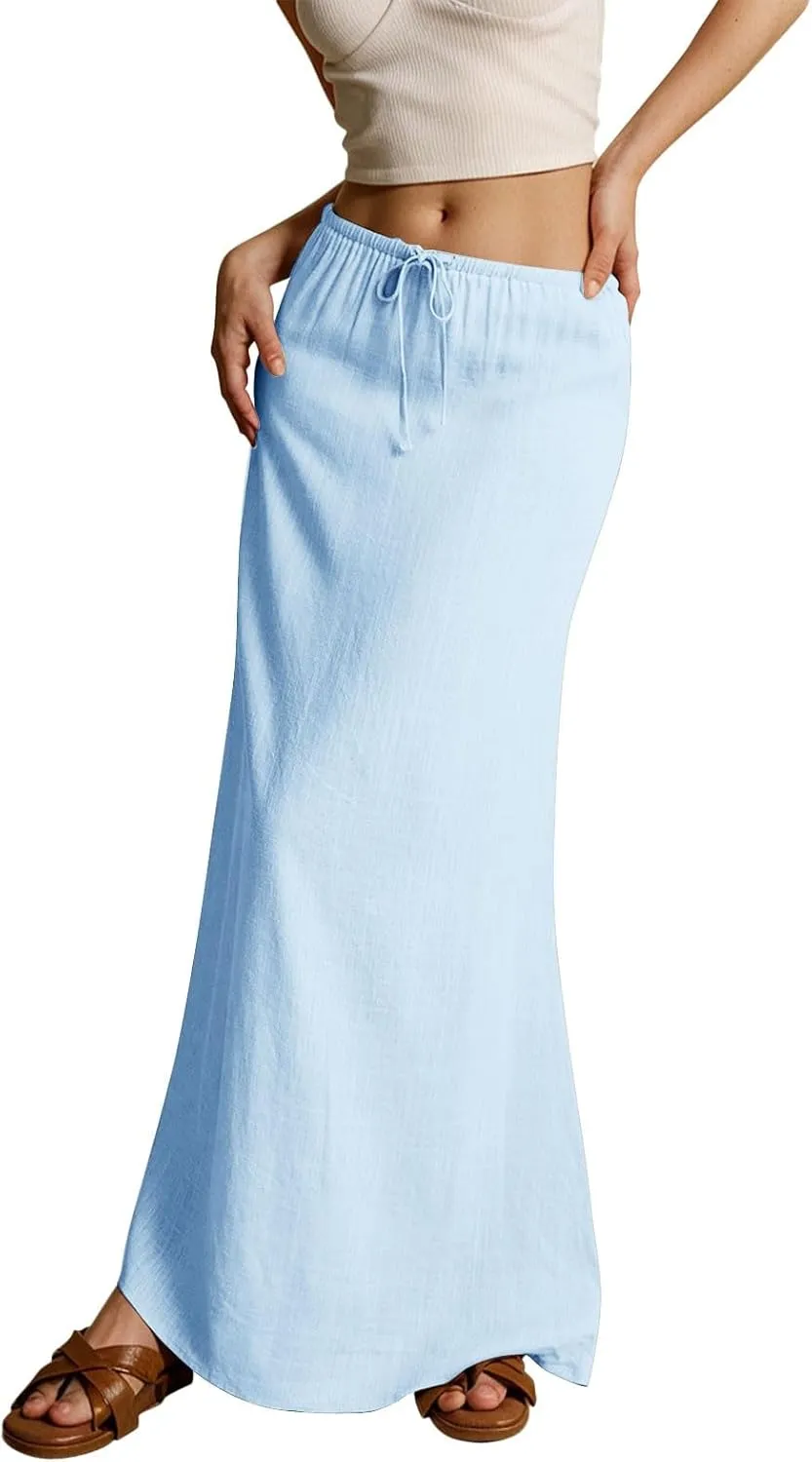 cooki Womens Linen Flared Maxi Skirts Summer Casual Vacation Low Waist Drawstring Long Flowy Ankle-Length Boho Skirt