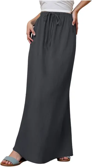 cooki Womens Linen Flared Maxi Skirts Summer Casual Vacation Low Waist Drawstring Long Flowy Ankle-Length Boho Skirt