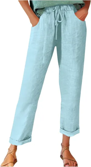 Cotton Linen Pants for Women 2025 Trendy Solid Elastic Waist Pants Loose Straight Leg Lounge Trousers with Pockets
