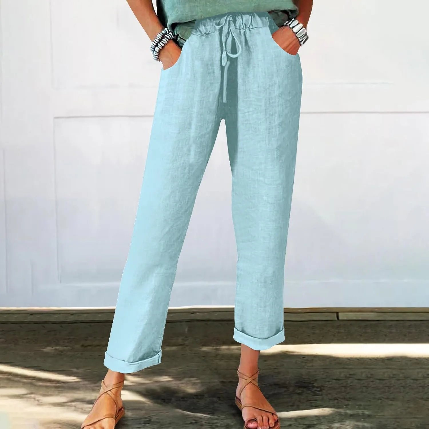 Cotton Linen Pants for Women 2025 Trendy Solid Elastic Waist Pants Loose Straight Leg Lounge Trousers with Pockets
