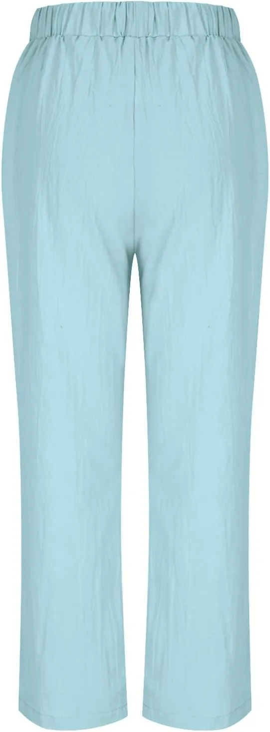 Cotton Linen Pants for Women 2025 Trendy Solid Elastic Waist Pants Loose Straight Leg Lounge Trousers with Pockets