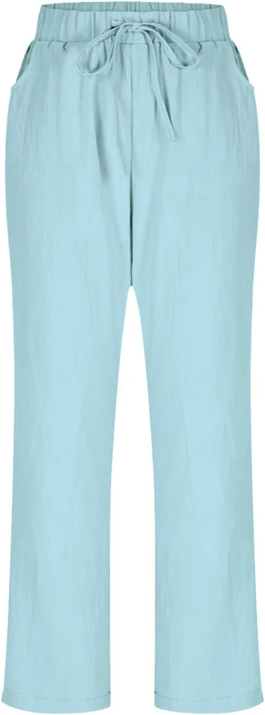 Cotton Linen Pants for Women 2025 Trendy Solid Elastic Waist Pants Loose Straight Leg Lounge Trousers with Pockets