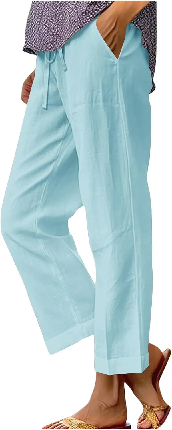 Cotton Linen Pants for Women 2025 Trendy Solid Elastic Waist Pants Loose Straight Leg Lounge Trousers with Pockets