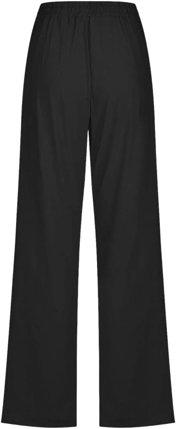 Cotton Linen Pants for Women Drawstring Casual High Waisted Pull On Straight Leg Trousers with Pockets