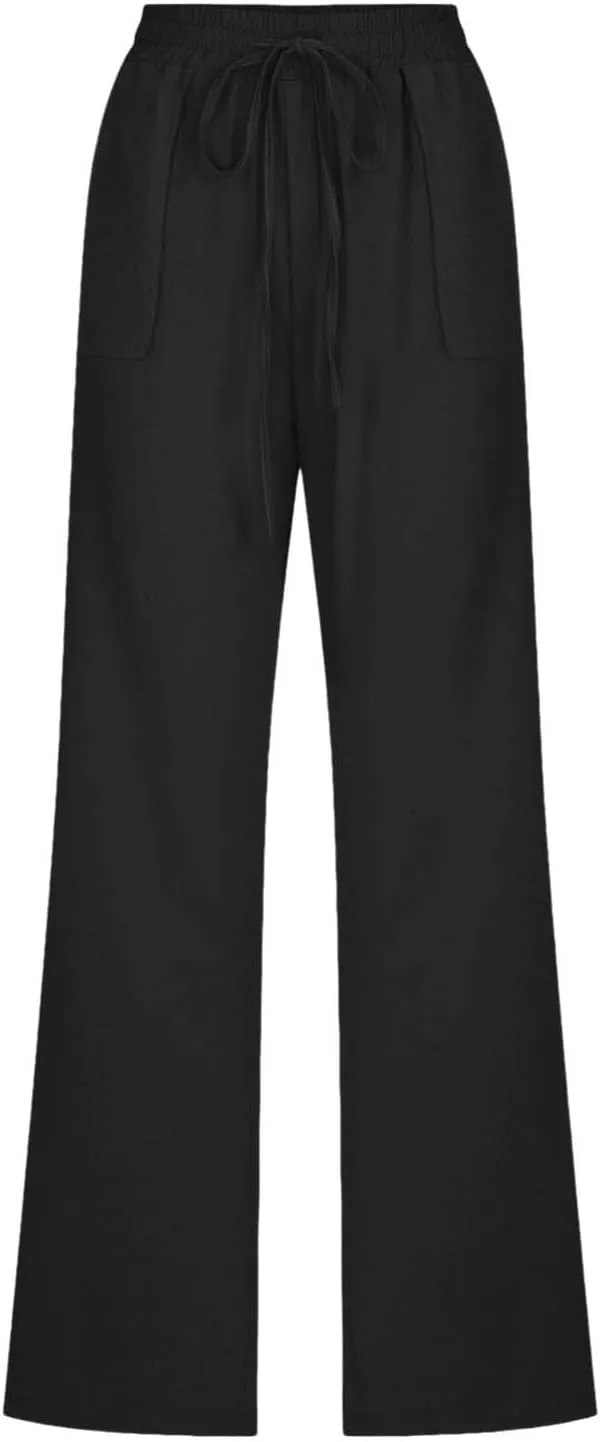 Cotton Linen Pants for Women Drawstring Casual High Waisted Pull On Straight Leg Trousers with Pockets