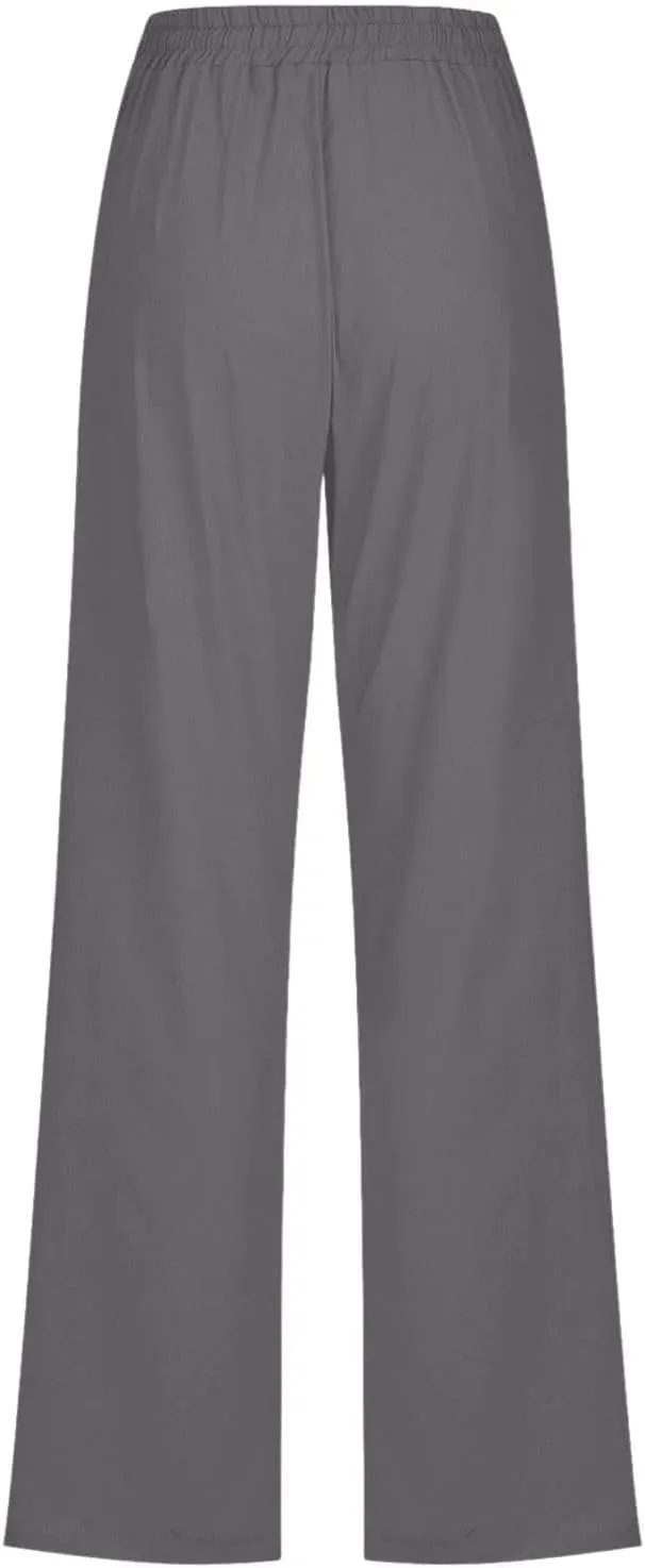 Cotton Linen Pants for Women Drawstring Casual High Waisted Pull On Straight Leg Trousers with Pockets