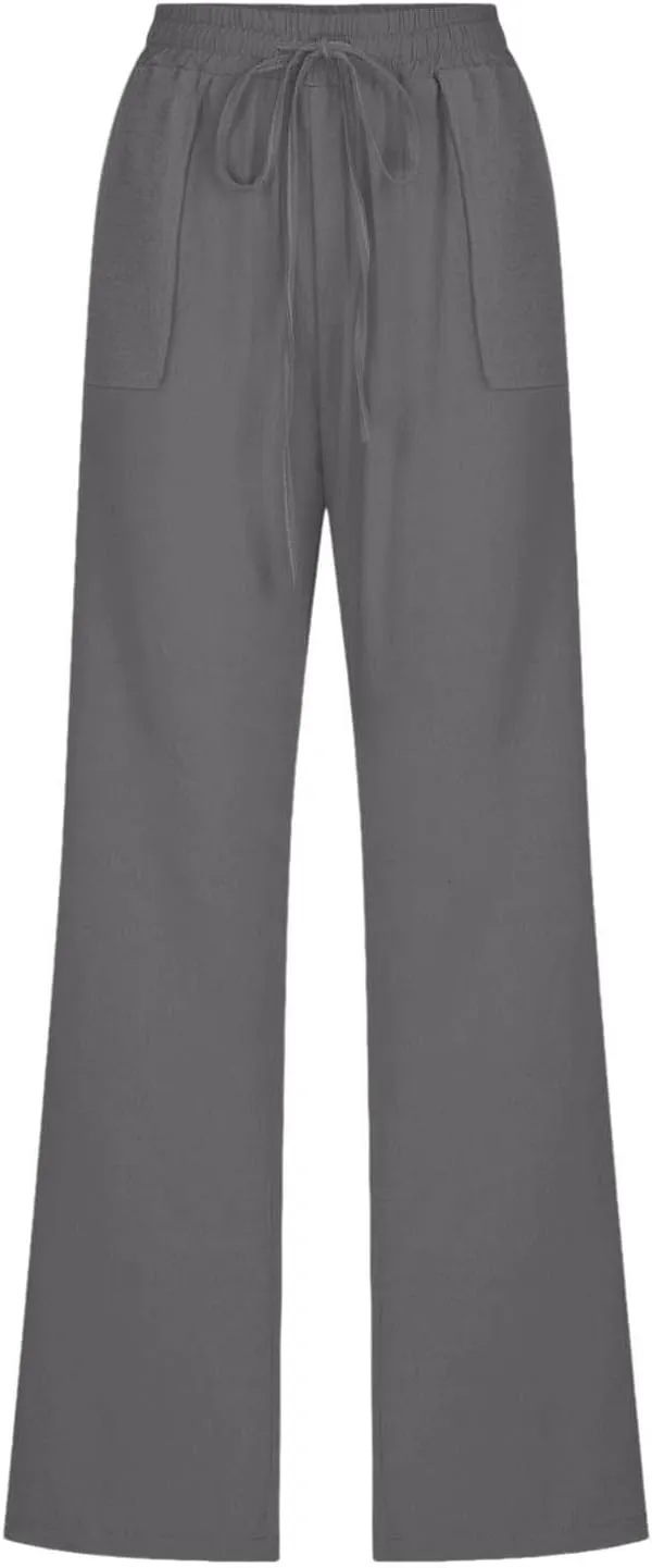 Cotton Linen Pants for Women Drawstring Casual High Waisted Pull On Straight Leg Trousers with Pockets