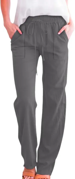 Cotton Linen Pants for Women Drawstring Casual High Waisted Pull On Straight Leg Trousers with Pockets
