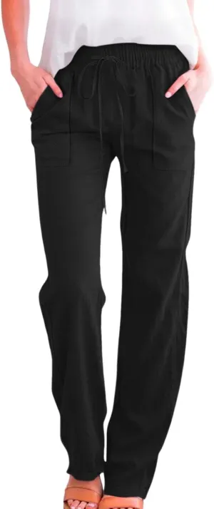 Cotton Linen Pants for Women Drawstring Casual High Waisted Pull On Straight Leg Trousers with Pockets