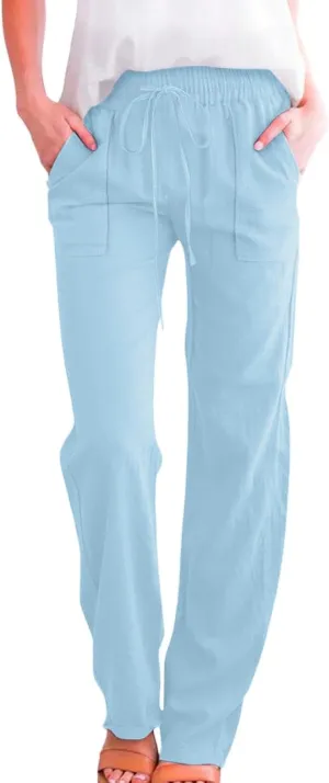 Cotton Linen Pants for Women Drawstring Casual High Waisted Pull On Straight Leg Trousers with Pockets