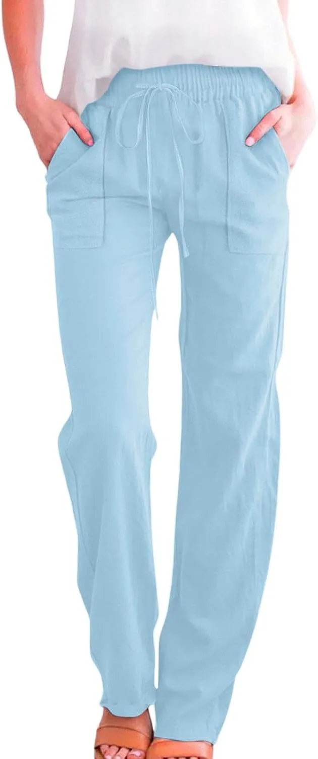 Cotton Linen Pants for Women Drawstring Casual High Waisted Pull On Straight Leg Trousers with Pockets