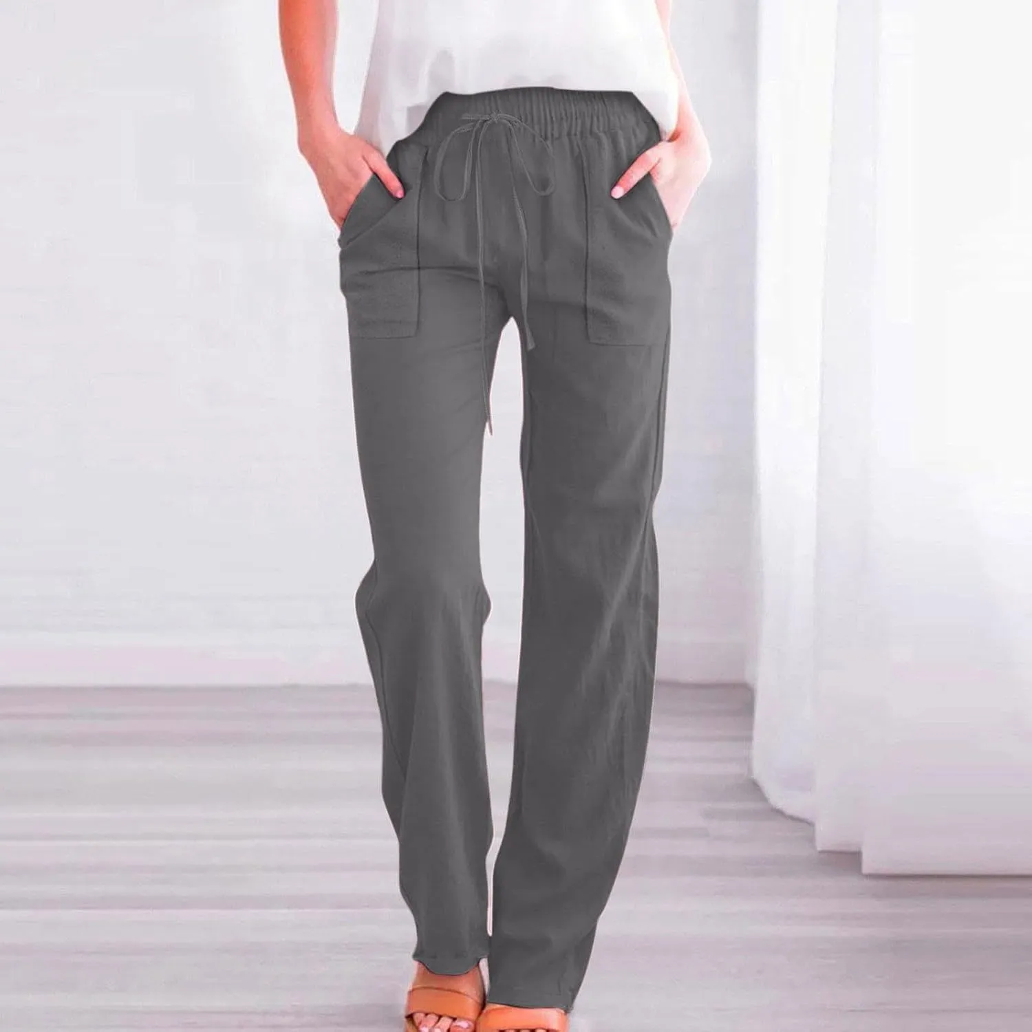 Cotton Linen Pants for Women Drawstring Casual High Waisted Pull On Straight Leg Trousers with Pockets