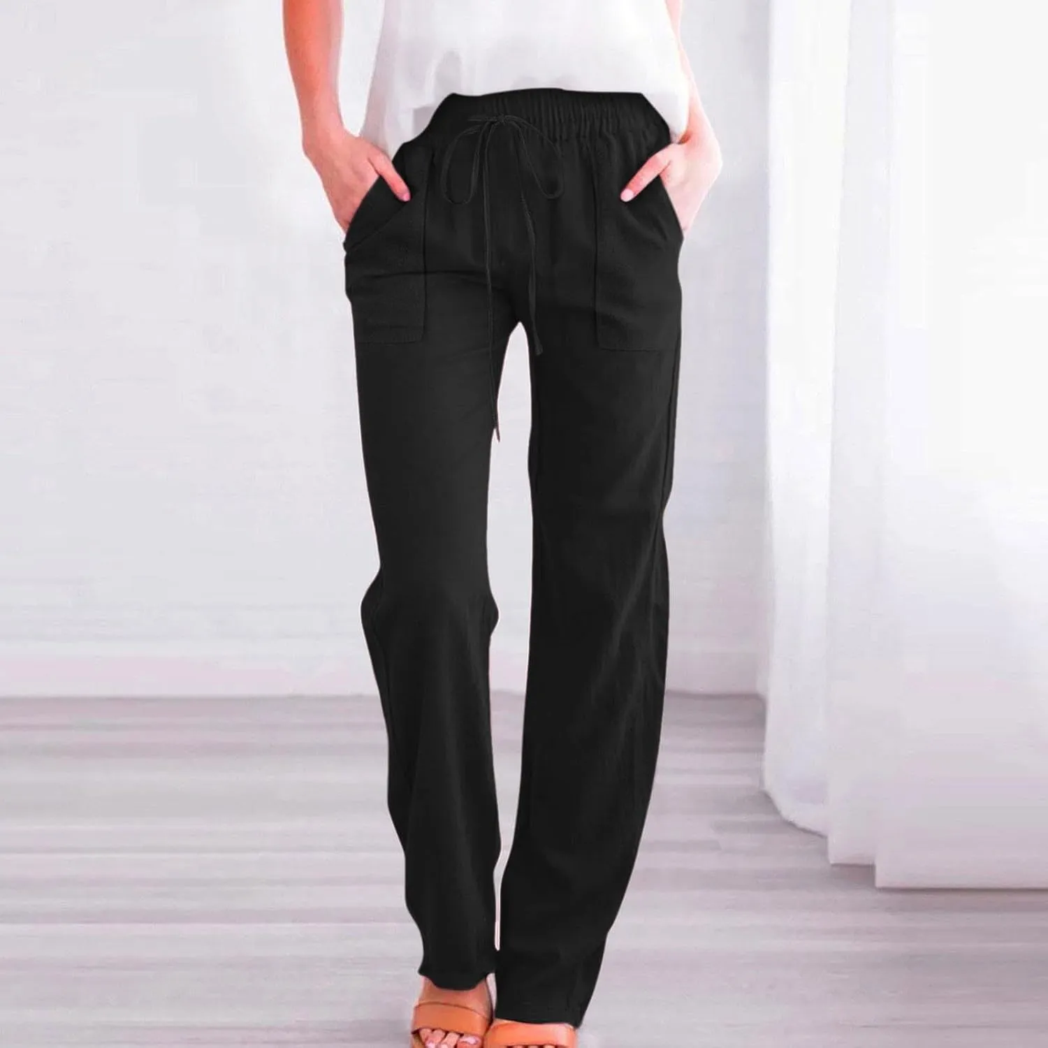 Cotton Linen Pants for Women Drawstring Casual High Waisted Pull On Straight Leg Trousers with Pockets