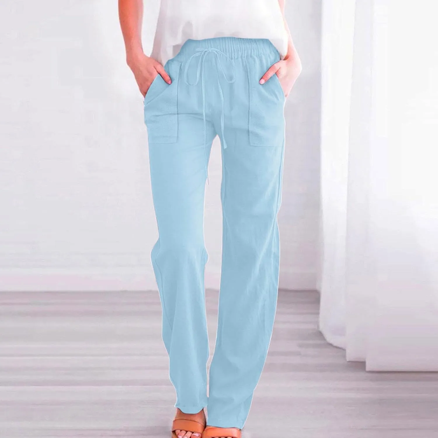 Cotton Linen Pants for Women Drawstring Casual High Waisted Pull On Straight Leg Trousers with Pockets