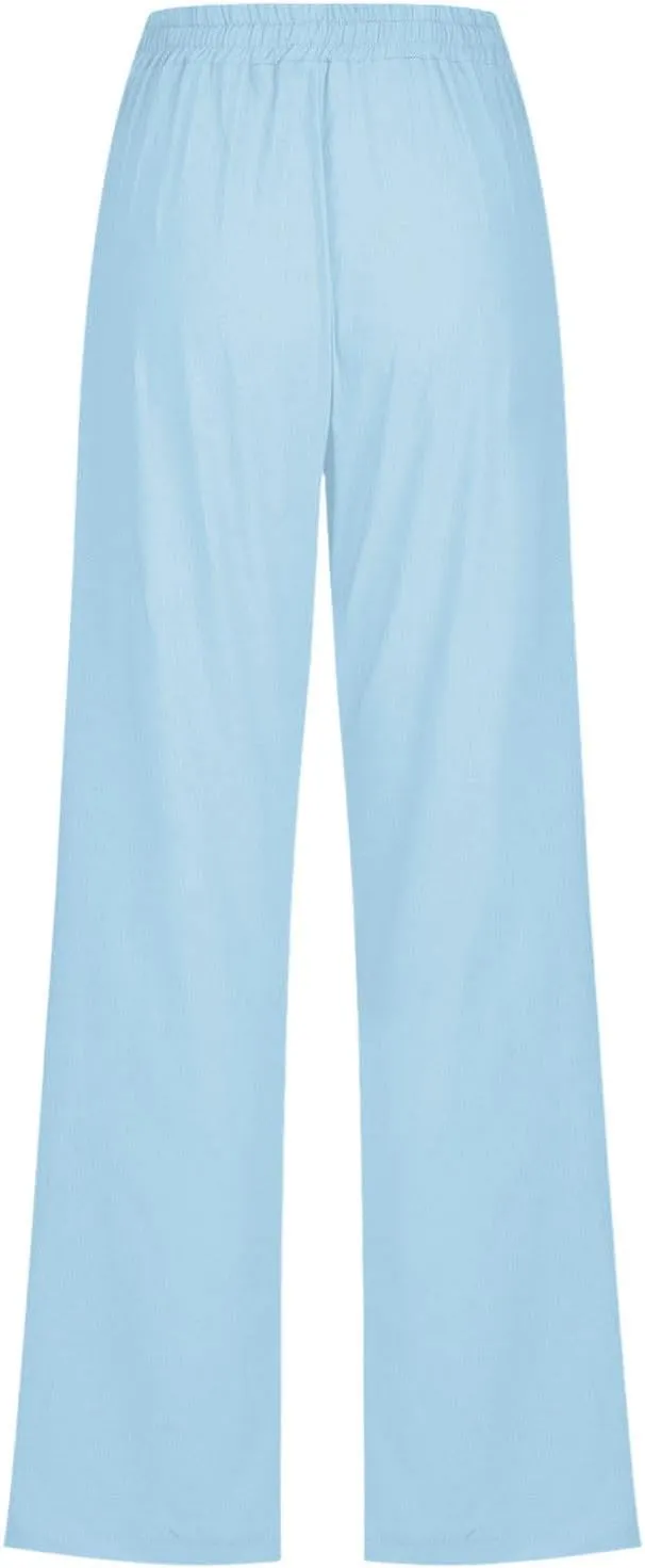 Cotton Linen Pants for Women Drawstring Casual High Waisted Pull On Straight Leg Trousers with Pockets