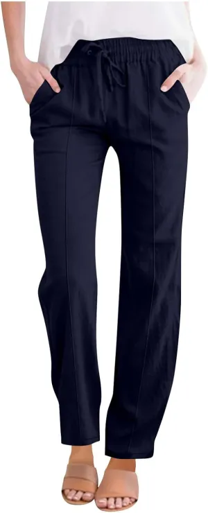 Cotton Linen Pants for Women Straight Leg Drawstring High Waist Trousers Relaxed Fit Elastic Waist Lounge Long Trouser