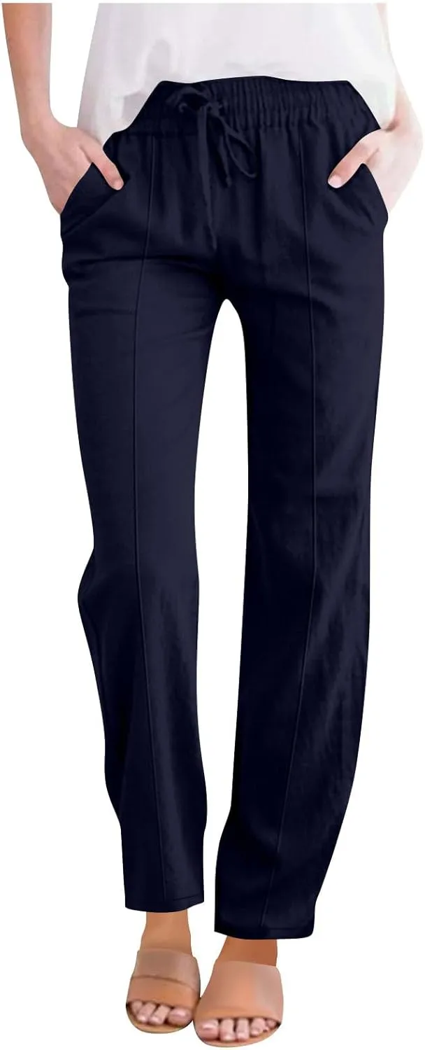 Cotton Linen Pants for Women Straight Leg Drawstring High Waist Trousers Relaxed Fit Elastic Waist Lounge Long Trouser