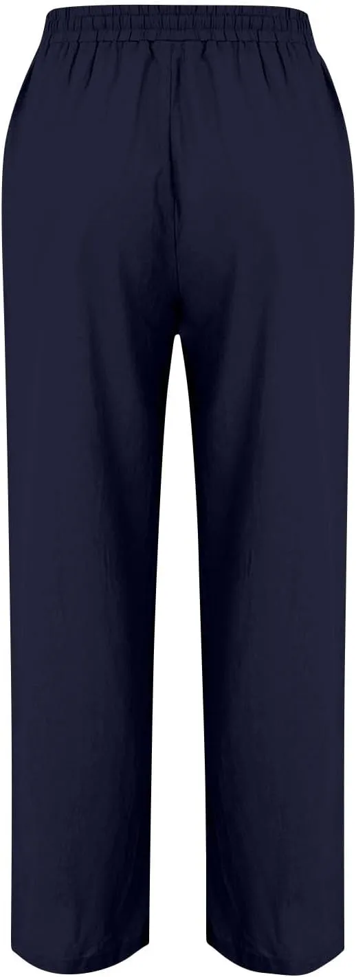 Cotton Linen Pants for Women Straight Leg Drawstring High Waist Trousers Relaxed Fit Elastic Waist Lounge Long Trouser