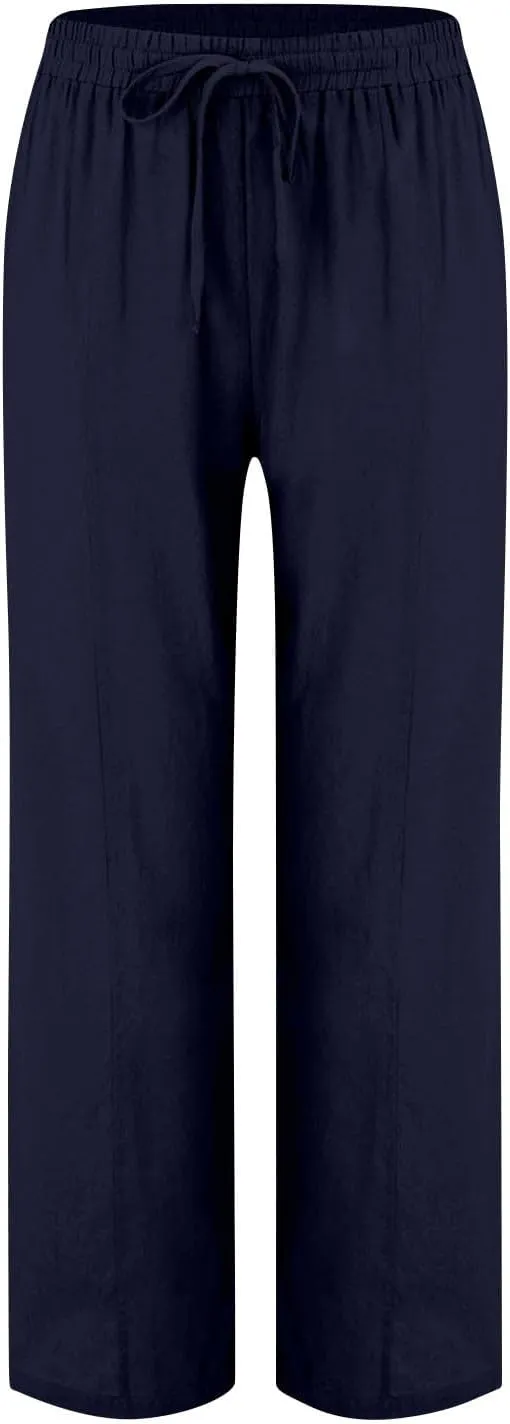Cotton Linen Pants for Women Straight Leg Drawstring High Waist Trousers Relaxed Fit Elastic Waist Lounge Long Trouser