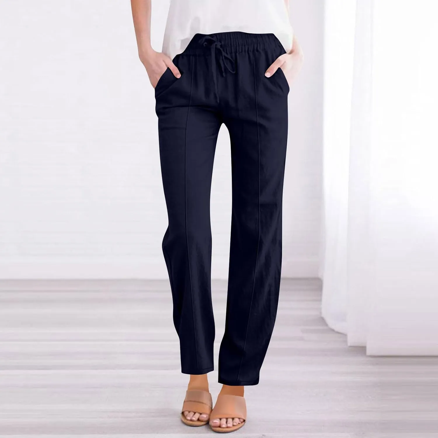 Cotton Linen Pants for Women Straight Leg Drawstring High Waist Trousers Relaxed Fit Elastic Waist Lounge Long Trouser