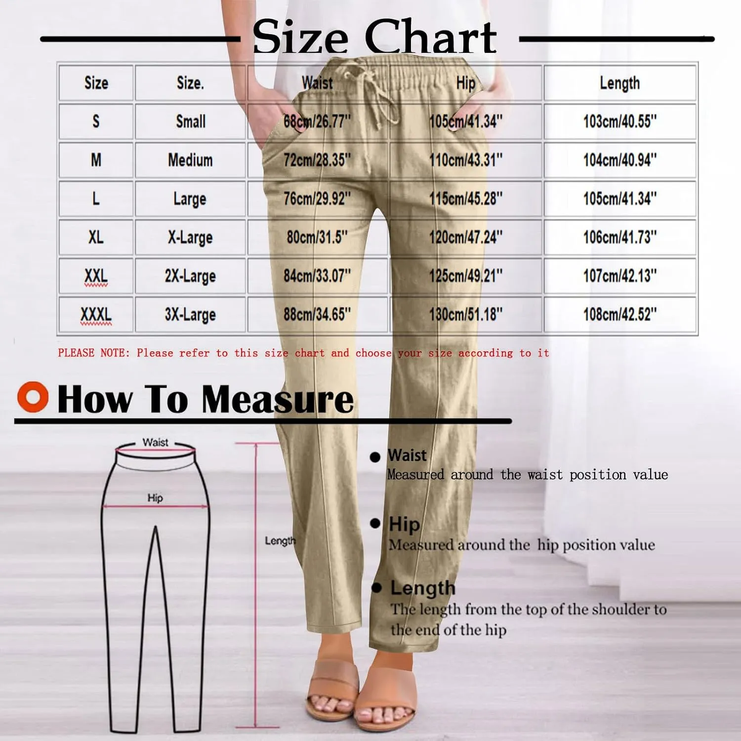 Cotton Linen Pants for Women Straight Leg Drawstring High Waist Trousers Relaxed Fit Elastic Waist Lounge Long Trouser