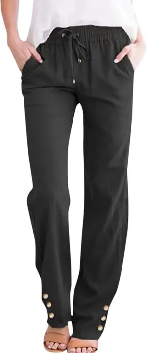 Cotton Linen Pants Women High Waist Trousers with Side Pockets Casual Lightweight Breathable Long Pants for Summer